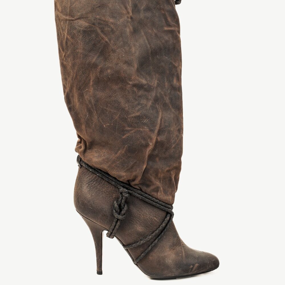 Givenchy Taupe Grey Wax Textured Leather Knotted-Rope Heeled Boots
